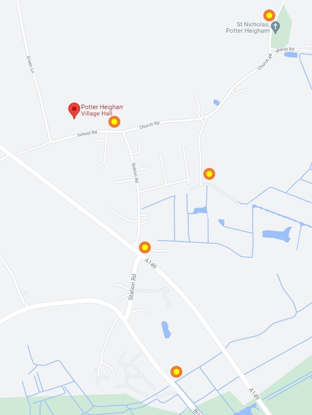 Map showing the location of dog waste bins in Potter Heigham