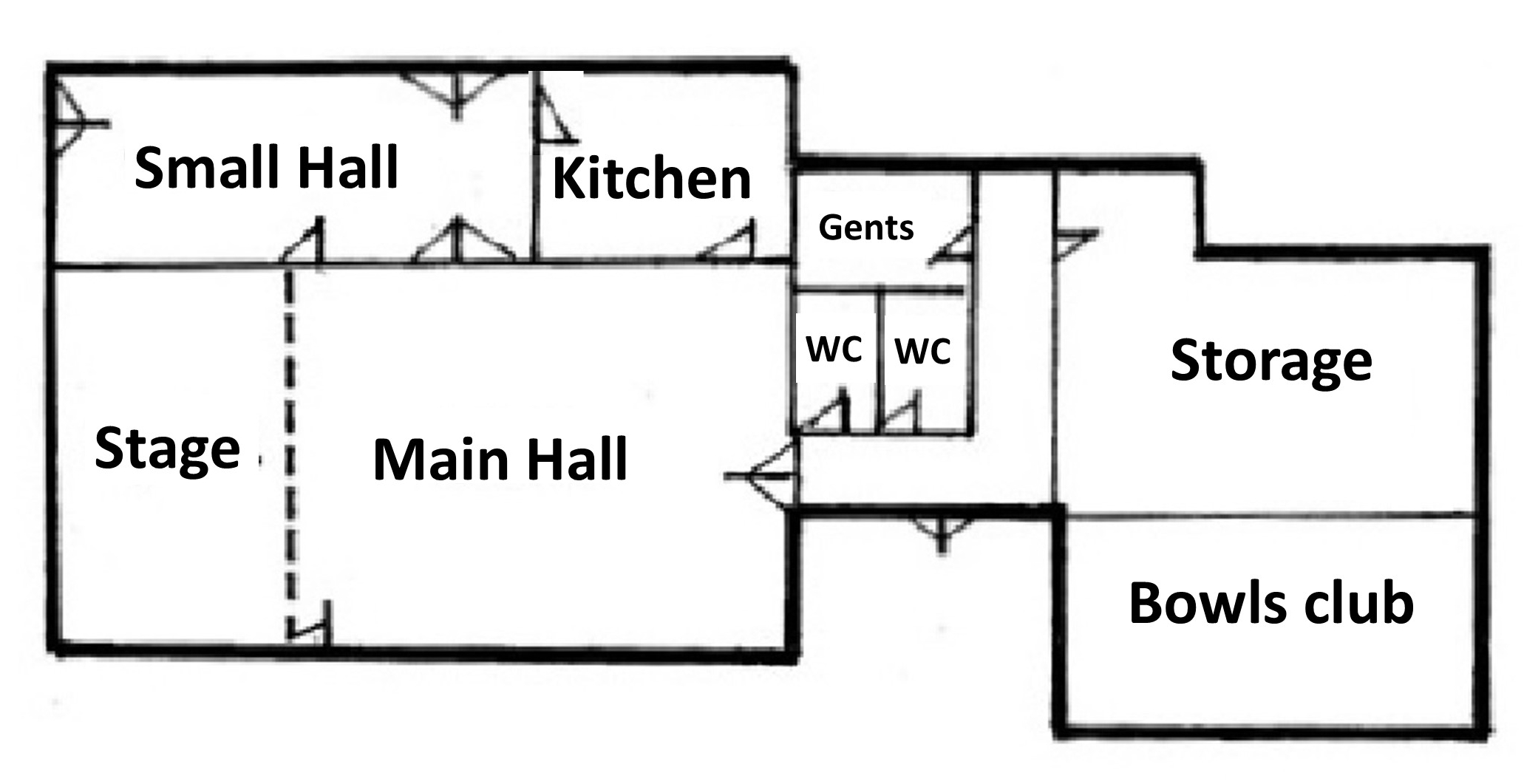Floor plan of Potter Heigham Village hall showing the following areas: Hall, stage, small hall, kitchen, toilets, small meeting room and bowls club.