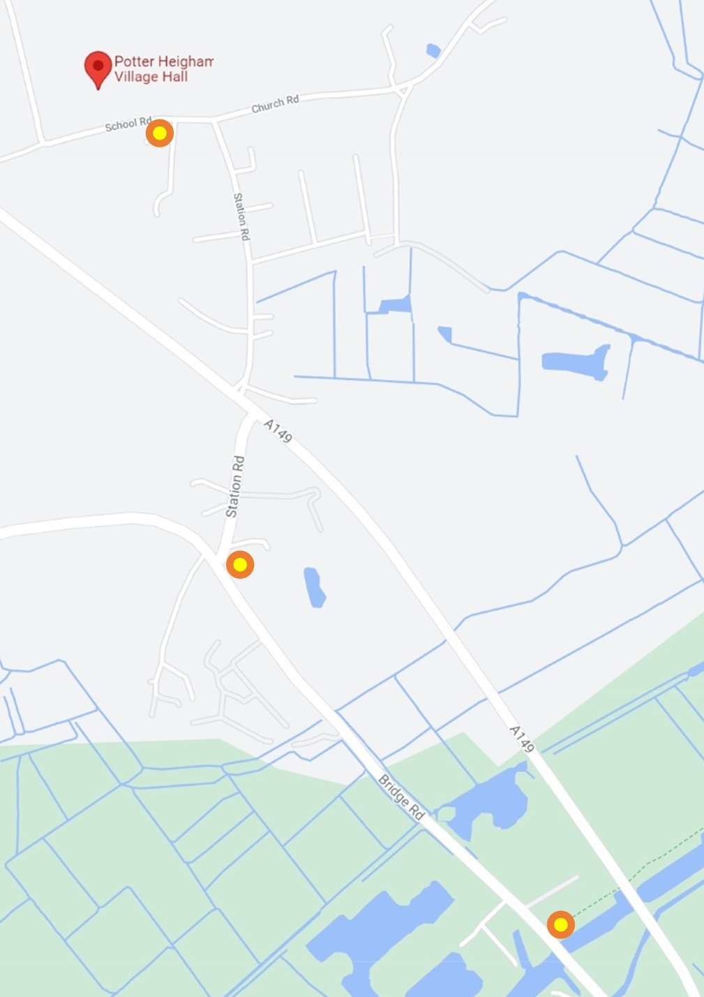 Map showing locations of post boxes in Potter Heigham