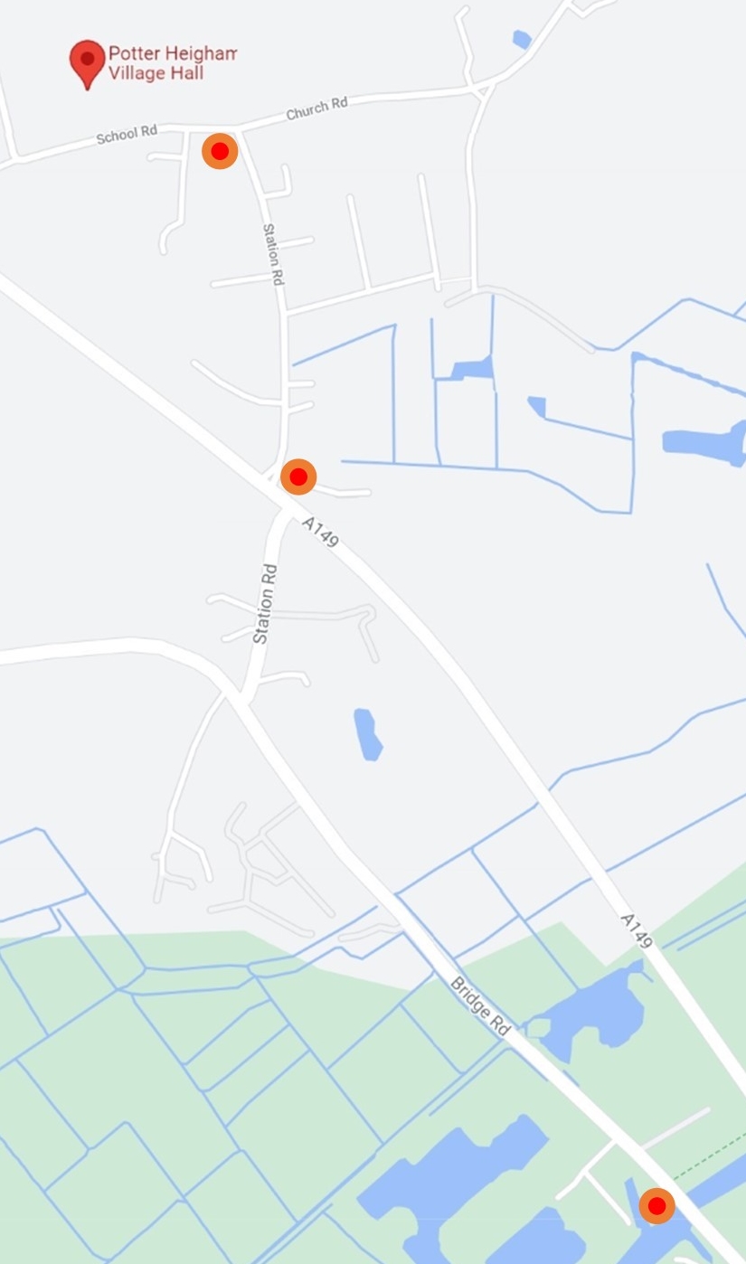 Map showing location of salt bins in Potter Heigham