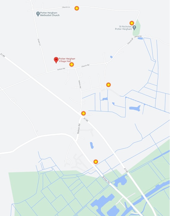 Map showing the location of dog waste bins in Potter Heigham